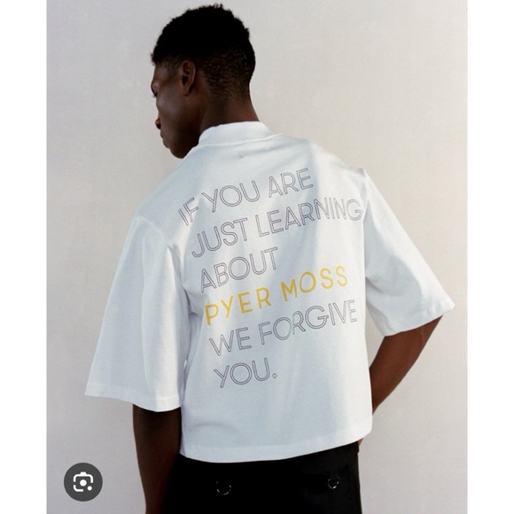 PYER MOSS • White “We Forgive You” Short Sleeve Mockneck Logo Tee, M - Picture 2 of 16